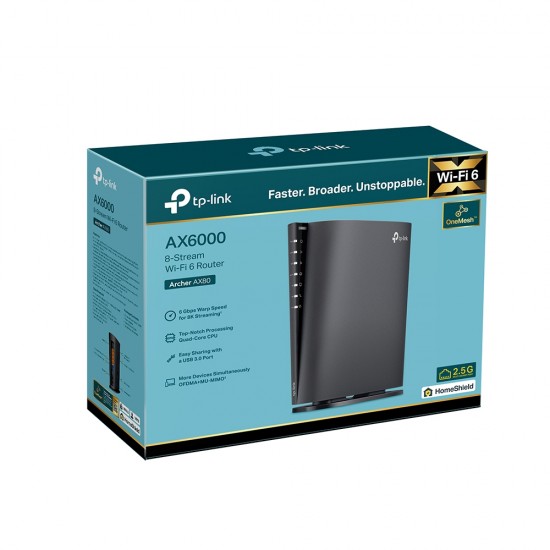 ROUTER TP-LINK wireless AX6000,1 x 2.5 Gbps WAN/LAN, 1 x 1 Gbps WAN/LAN, 3 x Gigabit LAN si 1 x USB 3.0, 2.4 Ghz/5 Ghz dual band, 4 antene interne, WI-FI 6 