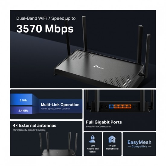 ROUTER TP-LINK wireless BE3600 viteze Wi-Fi 7 Dual-Band de pana la 3600 Mbps 1× port WAN Gigabit, 4 × porturi LAN Gigabit, 2.4 Ghz/5 Ghz dual band, WI-FI 7 