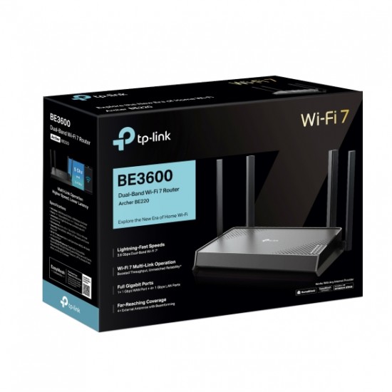 ROUTER TP-LINK wireless BE3600 viteze Wi-Fi 7 Dual-Band de pana la 3600 Mbps 1× port WAN Gigabit, 4 × porturi LAN Gigabit, 2.4 Ghz/5 Ghz dual band, WI-FI 7 