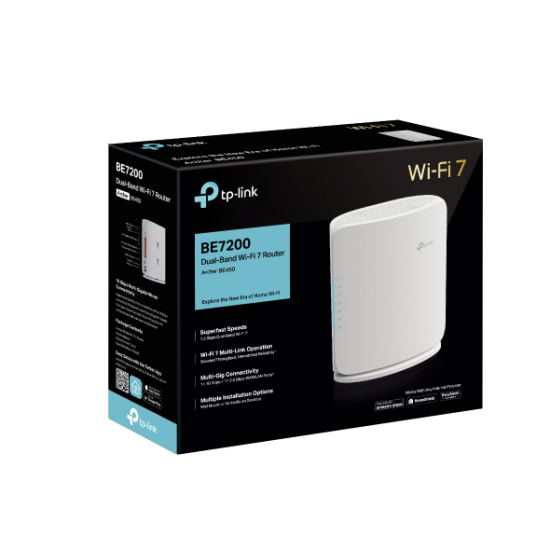 ROUTER TP-LINK wireless BE7200 viteze Wi-Fi 7 Dual-Band de pana la 7200 Mbps 1× 10 Gbps WAN/LAN port, 1× 2.5 Gbps WAN/LAN port and 3× 1 Gbps LAN, 2.4 Ghz/5 Ghz dual band, WI-FI 7 