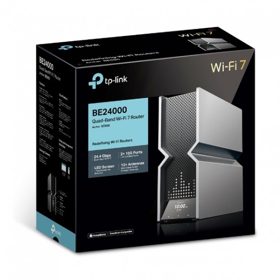 ROUTER TP-LINK wireless BE24000, Wi-Fi 7 Tri-Band de 24000 Mbps 1×10 Gbps WAN/LAN port, 1×10 Gbps SFP+/RJ45 WAN/LAN, 4×2.5 Gbps LAN, 1×1 Gbps LAN 1×USB 3.0, 2.4 Ghz/5 Ghz/6Ghz tri band, WI-FI 7 