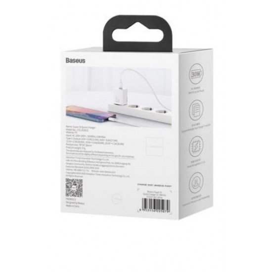 INCARCATOR retea Baseus Super Si, Quick Charge 30W, 1 x USB Type-C 5V/3A, alb 