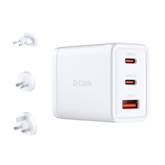 INCARCATOR retea D-Link, Quick Charge GaN PD 3.0, 65W, 2 x USB Type-C  20.0V / 3.25A max, 1 x USB 5V / 3A , alb 