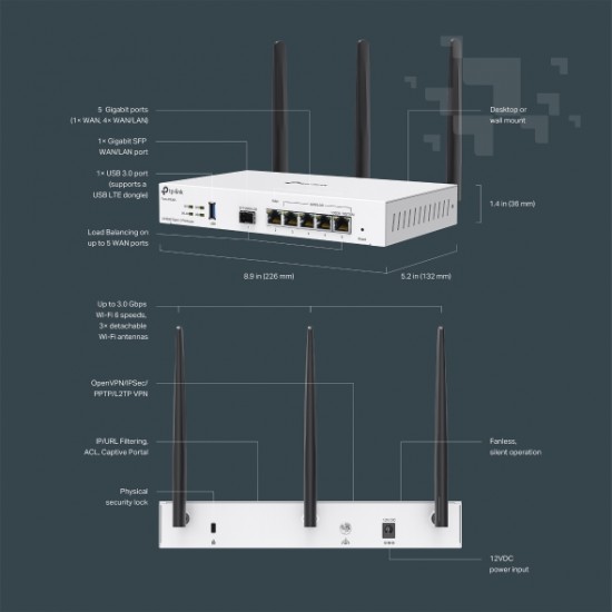 ACCESS POINT TP-LINK Festa, wireless AX3000 Mbps dual band, 1× USB 3.0 WAN, 6× Gigabit Ports din care 1 SFP,  