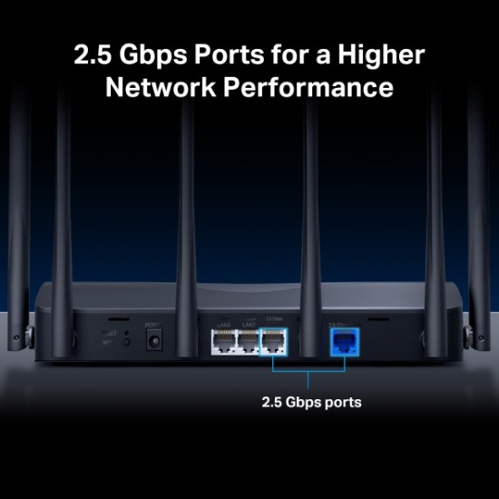 ROUTER MERCUSYS, BE6500, 1× 2.5 Gbps WAN port, 1× 2.5 Gbps LAN port si 2× 1 Gbps LAN, dual band 2.4 / 5 Ghz, Wi-Fi 7, 6 x antene externe, 