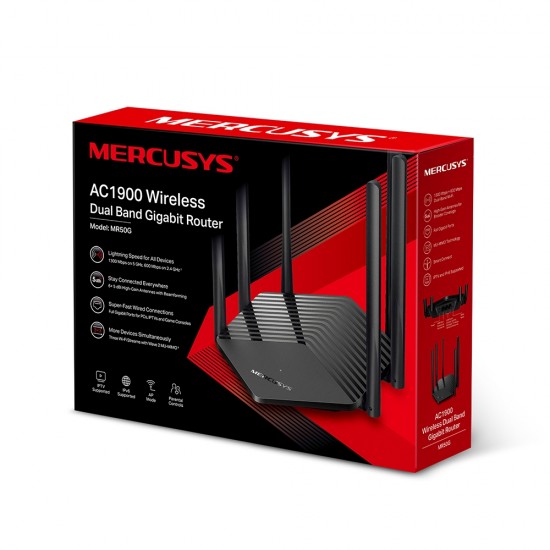 ROUTER MERCUSYS wireless  1900Mbps, 2 porturi LAN Gigabit, 1 port WAN Gigabit, Dual Band AC1900 6 x antena externa, 