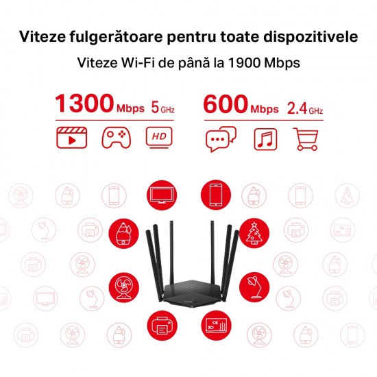 ROUTER MERCUSYS wireless  1900Mbps, 2 porturi LAN Gigabit, 1 port WAN Gigabit, Dual Band AC1900 6 x antena externa, 
