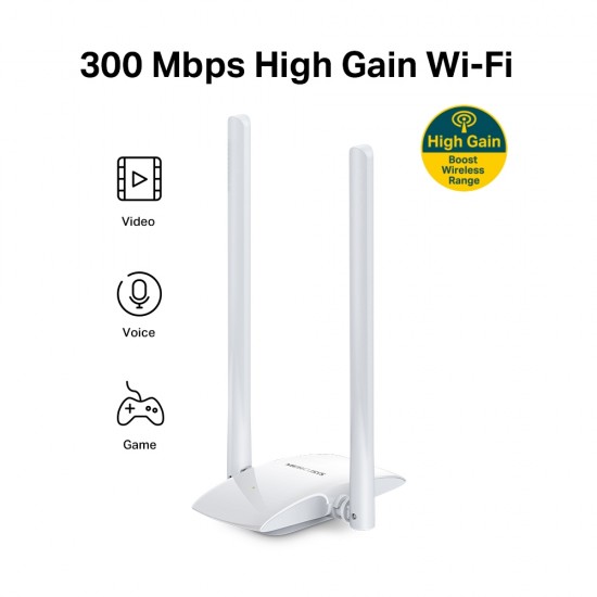 ADAPTOR RETEA MERCUSYS , extern wireless 2.4 GHz, USB 2.0, port, 300 Mbps, antena externa x 2, ADAPTOR RETEA MERCUSYS , extern wireless 2.4 GHz, USB 2.0, port, 300 Mbps, antena externa x 2,