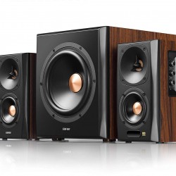 BOXE EDIFIER 2.1, RMS: 155W (2 x 10W, 2 x 30W, 1 x 75W), bluetooth, telecomanda wireless, woofer wireless, volum, bass, treble, optical, coaxial, brown, 