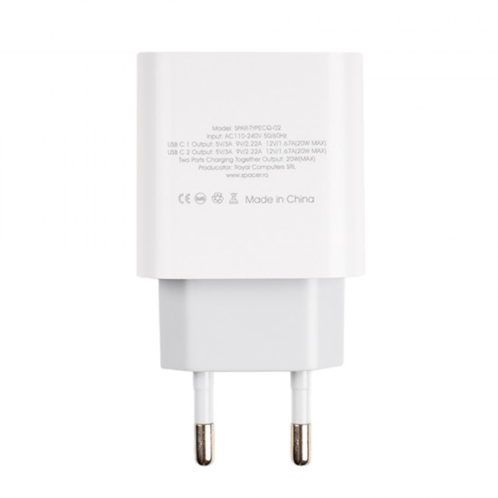 ALIMENTATOR retea SPACER Power Delivery, 2 x USB Type-C PD (max 20W) ALIMENTATOR retea SPACER Power Delivery, 2 x USB Type-C PD (max 20W)