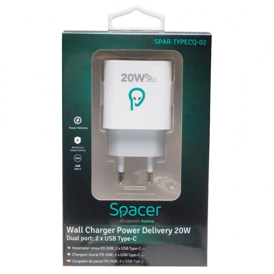 ALIMENTATOR retea SPACER Power Delivery, 2 x USB Type-C PD (max 20W) ALIMENTATOR retea SPACER Power Delivery, 2 x USB Type-C PD (max 20W)