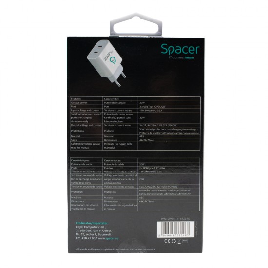ALIMENTATOR retea SPACER Power Delivery, 2 x USB Type-C PD (max 20W) ALIMENTATOR retea SPACER Power Delivery, 2 x USB Type-C PD (max 20W)