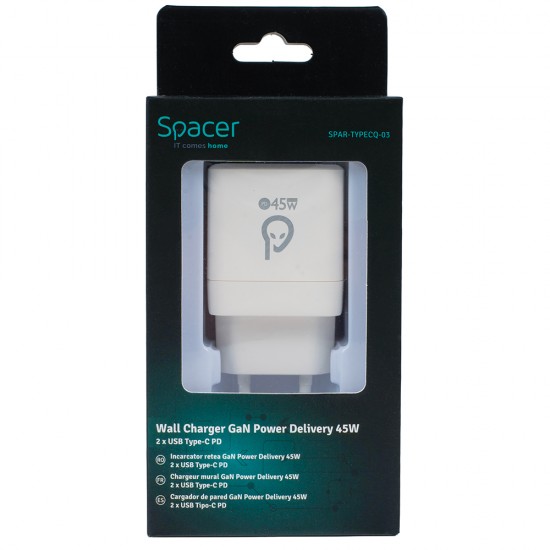 ALIMENTATOR retea SPACER Power Delivery, GaN, 2 x USB Type-C PD (max 45W) 