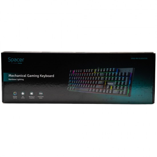 TASTATURA mecanica SPACER USB GLADIATOR, switch-uri mecanice rosii, 104 taste, anti-ghosting 26 taste, iluminare RGB , black, 
