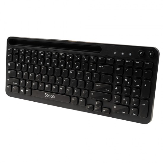 TASTATURA wireless SPACER, 102 taste, low profile keycap, suport telefon, 1 baterie AAA inclusa, neagra, 