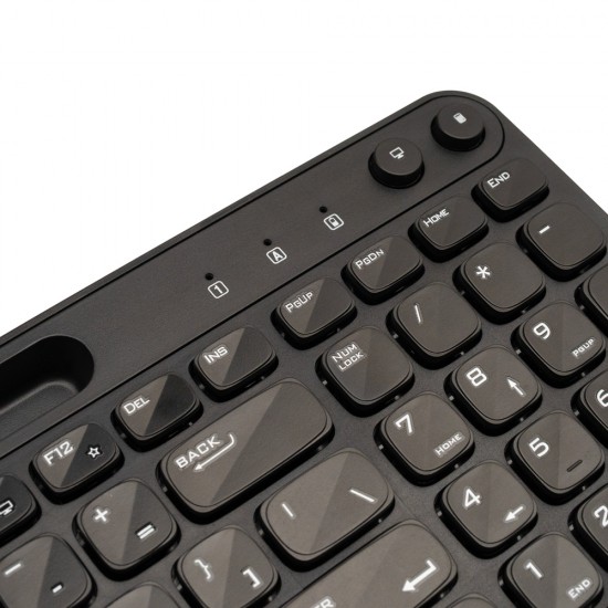 TASTATURA wireless SPACER, 102 taste, low profile keycap, suport telefon, 1 baterie AAA inclusa, neagra, 