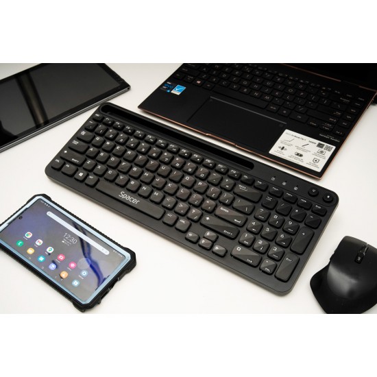 TASTATURA wireless SPACER, 102 taste, low profile keycap, suport telefon, 1 baterie AAA inclusa, neagra, 