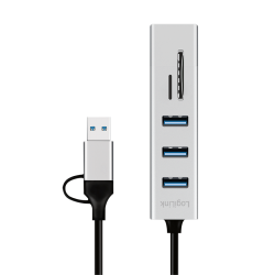 HUB extern LOGILINK, porturi USB: USB 3.0 x 3, conectare prin USB-C 3.0, adaptor conectare USB-A, SD/SDHC + microSD, metal, argintiu, 