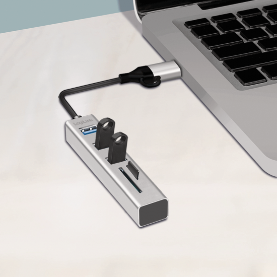 HUB extern LOGILINK, porturi USB: USB 3.0 x 3, conectare prin USB-C 3.0, adaptor conectare USB-A, SD/SDHC + microSD, metal, argintiu, 
