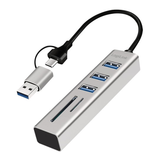 HUB extern LOGILINK, porturi USB: USB 3.0 x 3, conectare prin USB-C 3.0, adaptor conectare USB-A, SD/SDHC + microSD, metal, argintiu, 
