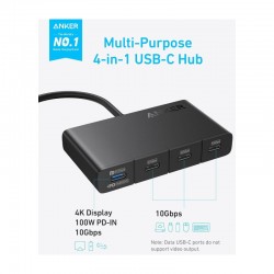 HUB Anker, 4-in-1, USB-C x 4 porturi, incarcare prin USB Type-C, viteza 10 Gbps, conectare prin USB-C, 100W PD in, 85W PD out, gri, 