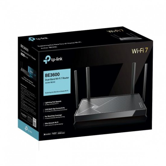 ROUTER TP-LINK wireless BE3600 viteze Wi-Fi 7 Dual-Band de pana la 3600 Mbps 1× port WAN de 2.5 Gbps, 1× port LAN de 2.5 Gbps si 3× porturi LAN de 1 Gbps, 2.4 Ghz/5 Ghz dual band, WI-FI 7 