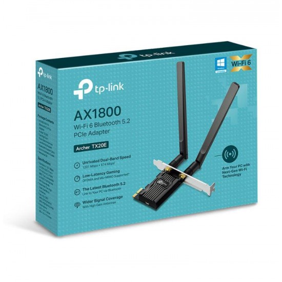 ADAPTOR RETEA TP-LINK AX1800, extern wireless 2.4 GHz | 5 GHz, PCI-E port, 1800 Mbps, WI-FI 6 si Bluetooth 5.2, antena externa x 2, 
