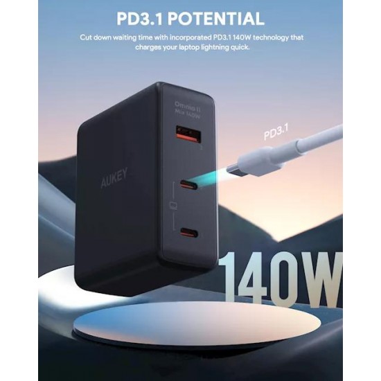 Alimentator retea Aukey, PA-B7O BK, 140W, fast charge, 2 x USB-C, 1 x USB-A, negru, Alimentator retea Aukey, PA-B7O BK, 140W, fast charge, 2 x USB-C, 1 x USB-A, negru,