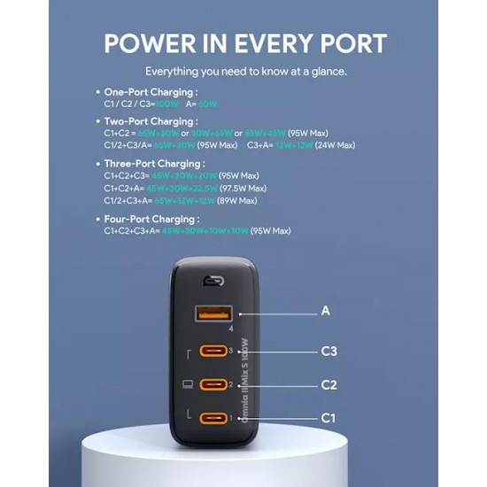 Alimentator retea Aukey, PA-B7S BK, 100W, fast charge, 3 x USB-C, 1 x USB-A, negru, 
