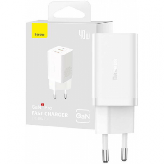 INCARCATOR retea Baseus GaN5 Pro, Quick Charge 40W, 2 x USB Type-C, alb 