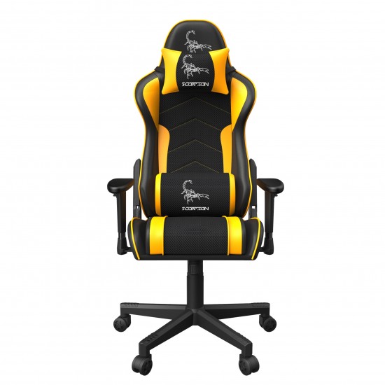 SCAUN GAMING GEMBIRD, ergonomic, reglabil inaltime, rotatie 360 gr, black & yellow, brate ajustabile, greutate max. 136kg, perna tetiera, perna lombara, dimensiuni 52*80*125~133.5cm 