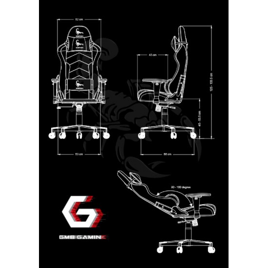 SCAUN GAMING GEMBIRD, ergonomic, reglabil inaltime, rotatie 360 gr, black & yellow, brate ajustabile, greutate max. 136kg, perna tetiera, perna lombara, dimensiuni 52*80*125~133.5cm 