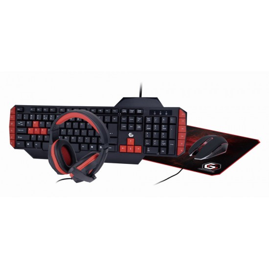 KIT 4-in-1 GEMBIRD, gaming, cu fir, tastatura 104 taste (+ 8 taste multimedia) + mouse 2400dpi 4 butoane + casti cu mic 2x3.5