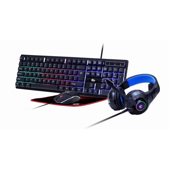 KIT 4-in-1 GEMBIRD, gaming, cu fir, tastatura 104 taste + mouse 2400dpi 6 butoane + casti cu mic 2x3.5