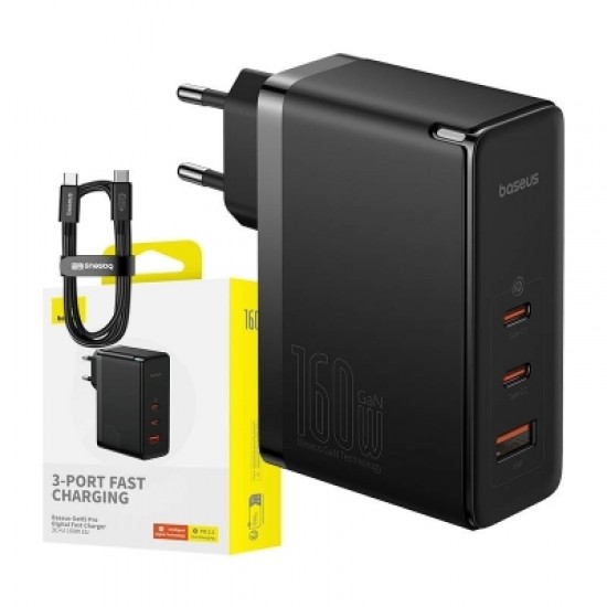 INCARCATOR RETEA Baseus GaN5 Pro Digital,Quick Charge 160W,2xUSB Type-C Output 5V/3A,1xUSB,(include cablu USB Type-C la USB Type-C de 240W),negru INCARCATOR RETEA Baseus GaN5 Pro Digital,Quick Charge 160W,2xUSB Type-C Output 5V/3A,1xUSB,(include cablu USB Type-C la USB Type-C de 240W),negru