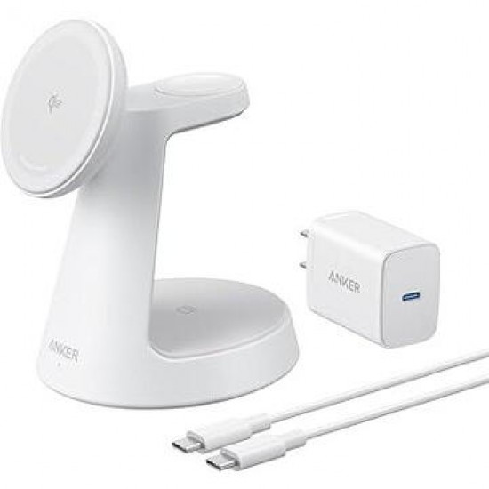 Stand cu incarcare wireless 3 in 1 Anker, MagGo 3-in-1, 15W, fast charge, pentru iPhone seriile 12-16. apple Watch si AirPods, cablu USB-C inclus, 1 x USB-C incarcare, alb, 