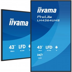 IIYAMA LFD LH4364UHS-B1AG 43 UHD VA 3840 x 2160 60Hz 500 cd 4000:1 6.5ms Android 14OS iiSignage2 (CMS/DMS), iiShare, iiControl, Landscape and Portrait, Speakers 2x 10W, 2x HDMI, 1x USB-C, 15W PD, USB 2.0 x2, WiFi, LAN 