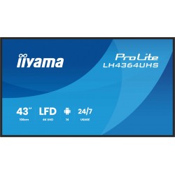 IIYAMA LFD LH4364UHS-B1AG 43 UHD VA 3840 x 2160 60Hz 500 cd 4000:1 6.5ms Android 14OS iiSignage2 (CMS/DMS), iiShare, iiControl, Landscape and Portrait, Speakers 2x 10W, 2x HDMI, 1x USB-C, 15W PD, USB 2.0 x2, WiFi, LAN 