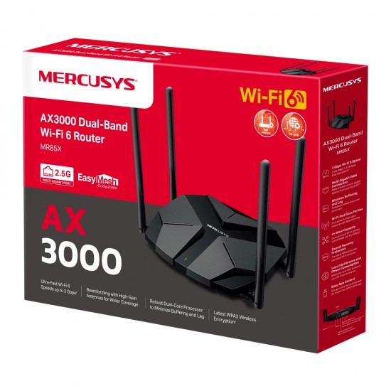 ROUTER MERCUSYS, AX3000, 1× 2.5 Gbps WAN port, 1× 2.5 Gbps LAN port si 3× GE LAN, dual band 2.4 / 5 Ghz, 4 x antene externe, 