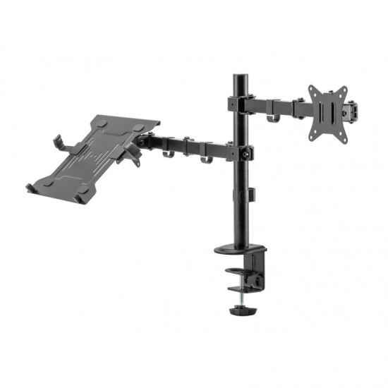 Suport de birou pentru monitor si laptop, Nexio, 17-32 inch(43cm-81cm), dubla articulatie, reglabil, capacitate sustinere 9KG/suport, Negru Suport de birou pentru monitor si laptop, Nexio, 17-32 inch(43cm-81cm), dubla articulatie, reglabil, capacitate sustinere 9KG/suport, Negru
