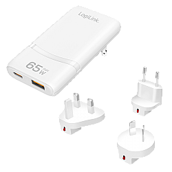 ALIMENTATOR retea 220V LOGILINK, universal, 1 x USB-C,  1 x USB-A, maxim 20V/3.25A, GaN 65W, tip travel: adaptor EU/UK/AU, suport OCP/OVP/OHP/SCP, compatibil EU/AUS/US/UK, alb, 